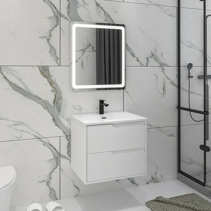 Disbain Conjunto de mueble de baño Casiopea - Ancho: 60 cm, Blanco, 3 pzs. - Un baño moderno con un mueble de lavabo blanco, un espejo iluminado y una ducha con marco negro.