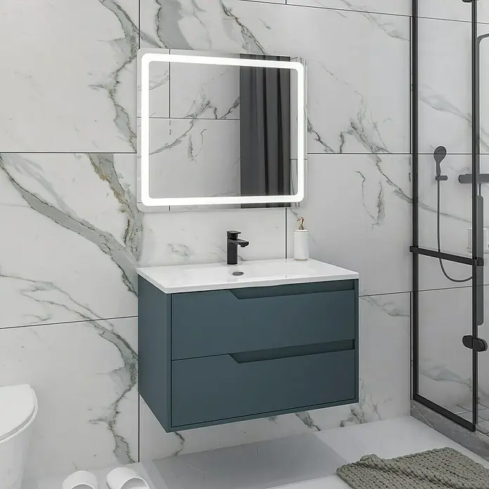 Disbain Conjunto de mueble de baño Casiopea - Ancho: 80 cm, Azul manhatan, 3 pzs. - Un moderno lavabo de baño con tocador y espejo iluminado, que ofrece un diseño elegante y funcional.