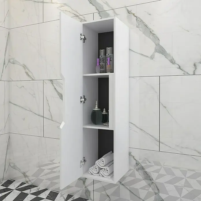 Disbain Armario colgante de baño Casiopea - L x An x Al: 35 x 35 x 140 cm, Blanco - Un armario blanco de pared con puerta abierta, que muestra elementos esenciales de baño en tres estantes y ofrece un almacenamiento elegante.