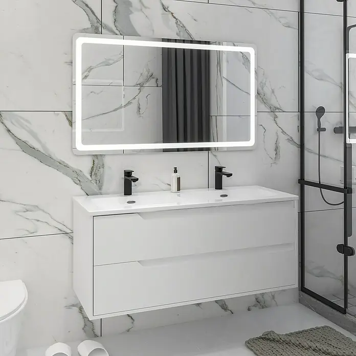 Disbain Conjunto de mueble de baño Casiopea - Ancho: 120 cm, Blanco, 3 pzs. - Baño moderno con mueble de lavabo doble blanco, espejo iluminado y grifería negra. Un diseño elegante para un ambiente de baño con estilo.