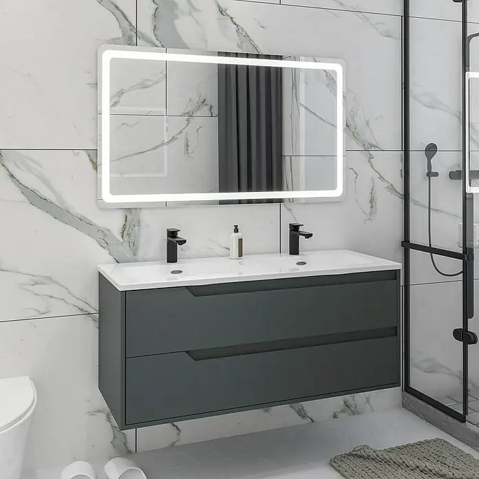 Disbain Conjunto de mueble de baño Casiopea - Ancho: 120 cm, Verde foresta, 3 pzs. - Baño con mueble de lavabo moderno gris, doble lavabo y espejo iluminado sobre pared de mármol.