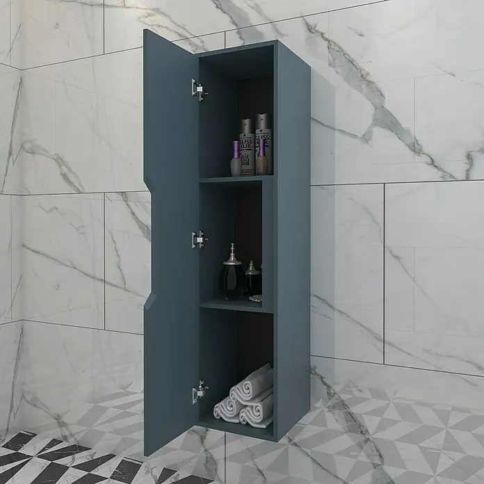 Disbain Armario colgante de baño Casiopea - L x An x Al: 35 x 35 x 140 cm, Azul manhatan - Un armario de baño abierto azul grisáceo que muestra toallas y artículos de tocador en su interior.