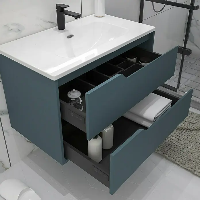 Disbain Conjunto de mueble de baño Casiopea - Ancho: 80 cm, Azul manhatan, 3 pzs. - El moderno lavabo de baño con sistema de cajones abiertos ofrece un amplio espacio para artículos de baño esenciales. Diseño elegante.