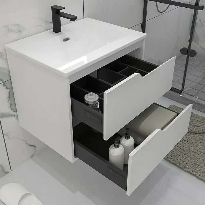 Disbain Conjunto de mueble de baño Casiopea - Ancho: 60 cm, Blanco, 3 pzs. - Mueble de baño blanco con lavabo y dos cajones abiertos para almacenaje. Diseño elegante ideal para cualquier estilo de baño.