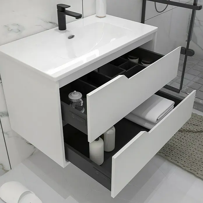 Disbain Conjunto de mueble de baño Casiopea - Ancho: 80 cm, Blanco, 3 pzs. - Lavabo de baño blanco moderno con dos cajones abiertos, que ofrece mucho espacio de almacenamiento. Ideal para un diseño de baño elegante.