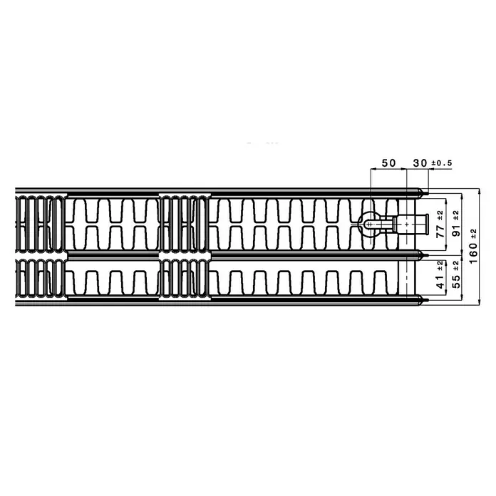 Flachheizkörper - B x H: 1.600 x 500 mm, Wärmeleistung bei Vorlauftemperatur von 75 °C (D: 50): 3.117 W, Typ Heizkörper: 33 - Eine detaillierte technische Zeichnung eines Heizkörpers mit verschiedenen Maßangaben.
