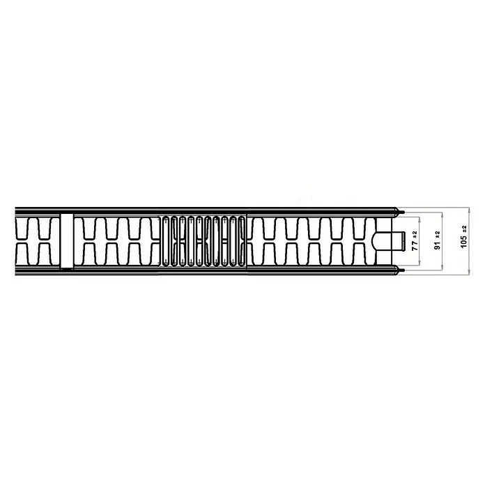 Kompaktheizkörper - B x H: 1.200 x 600 mm, Wärmeleistung bei Vorlauftemperatur von 75 °C (D: 50): 1.984 W, Typ Heizkörper: 22 - Schemazeichnung eines Heizkörpers mit Abmessungen. Technische Darstellung des Produkts mit Maßangaben.