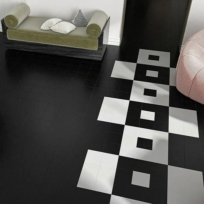 Modern Style Feinsteinzeugfliese Bronx Negro - 15 x 15 cm, Schwarz, Matt - Elegantes Interieur mit kontrastierendem Bodenbelag. Das Design verleiht dem Raum eine moderne und stilvolle Note.