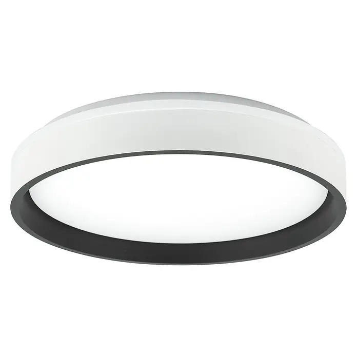 Garza Plafón LED redondo Panda - 60 W, Negro, Blanco frío - Primer plano de una moderna lámpara de techo redonda con un acabado blanco y borde gris, que emite una luz brillante y difusa.