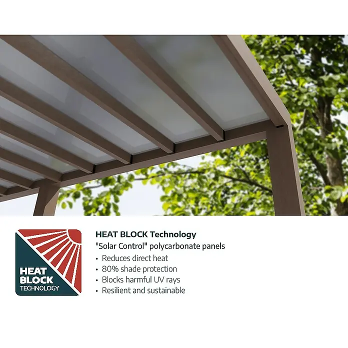 Palram – Canopia Marquesina adosada Helsinki - An x Pr: 600 x 300 cm, Cedro, Policarbonato, Translúcido - Primer plano de una pérgola con tecnología Heat Block que reduce la pérdida directa de calor y bloquea los rayos UV.