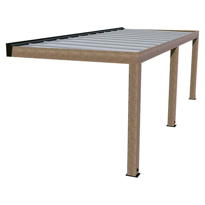 Palram – Canopia Terrassenüberdachung Helsinki - B x T: 730 x 300 cm, Braun, Polycarbonat, Solargrau - Eine elegante Pergola mit Holzstruktur und einem grauen Lamellendach, ideal für stilvolle Beschattung im Außenbereich.