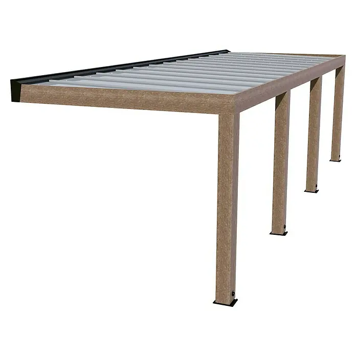 Palram – Canopia Terrassenüberdachung Helsinki - B x T: 860 x 300 cm, Braun, Polycarbonat, Solargrau - Ein Carport mit Holzstruktur und grauem Dach bietet Schatten und Schutz für Ihr Fahrzeug. Die solide Konstruktion ist modern und funktional.