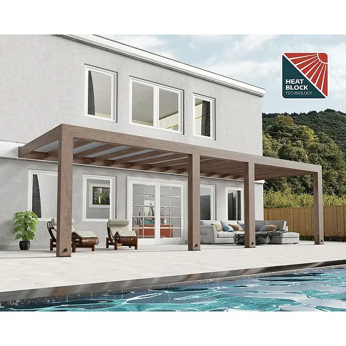 Palram – Canopia Marquesina adosada Helsinki - An x Pr: 860 x 300 cm, Cedro, Policarbonato, Translúcido - Cubierta de patio moderna con tecnología Heat Block. Una adición elegante a tu espacio exterior, que proporciona sombra y estilo.
