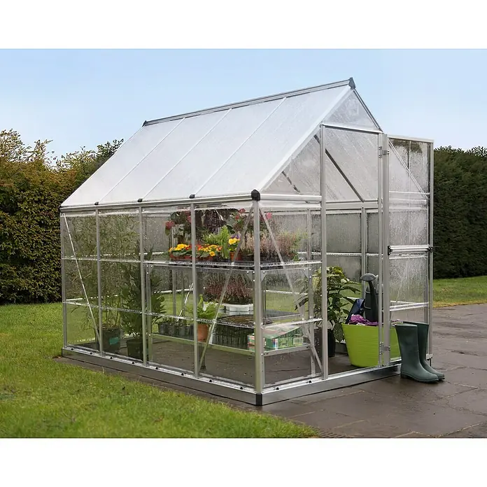 Palram – Canopia Invernadero Hybrid - Medidas ext. (An x Pr): 185 x 248 cm, Plateado, Área: 4,6 m² - Espacioso invernadero con estanterías, plantas y herramientas de jardinería para el jardinero ambicioso. Ideal para cultivar diversas plantas.