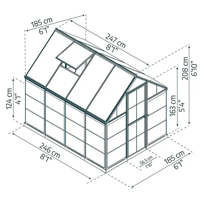 Palram – Canopia Invernadero Hybrid - Medidas ext. (An x Pr): 185 x 248 cm, Plateado, Área: 4,6 m² - Ilustración de un kit de invernadero con dimensiones de largo, ancho y alto.