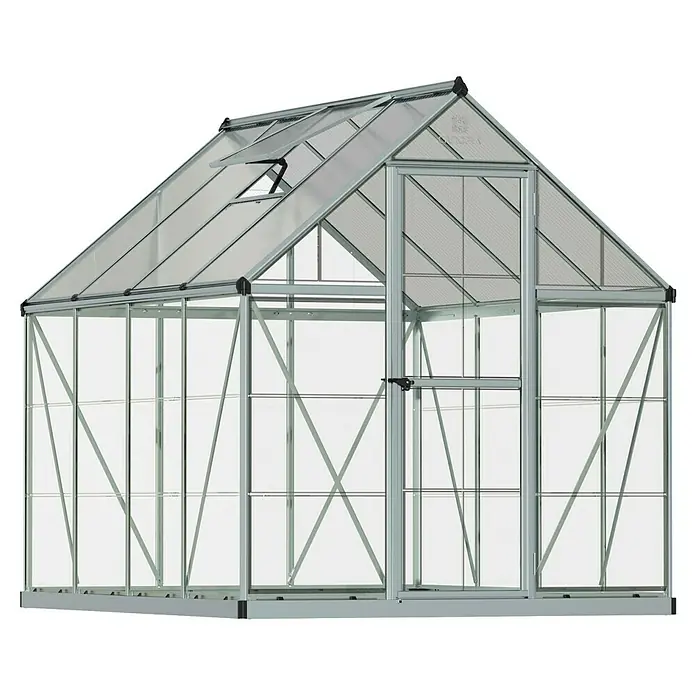 Palram – Canopia Gewächshaus Hybrid - Außenmaß inkl. Dachüberstand (B x T): 185 x 248 cm, Silber, Grundfläche: 4,6 m² - Das Bild zeigt ein geräumiges Gewächshaus mit Aluminiumrahmen und transparenten Wänden, ideal für Gartenliebhaber.