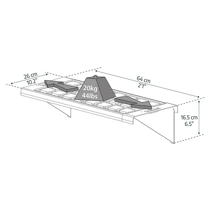 Palram – Canopia Estantería para invernadero - 125 x 26 cm, Acero - Ilustración de un diseño de estante de pared que muestra la capacidad de peso. El estante tiene 26 cm de profundidad, 64 cm de largo y 16,5 cm de alto.