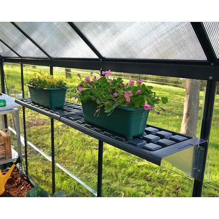 Palram – Canopia Estantería para invernadero - 125 x 26 cm, Acero - La imagen muestra un estante de invernadero que exhibe jardineras con flores vibrantes.