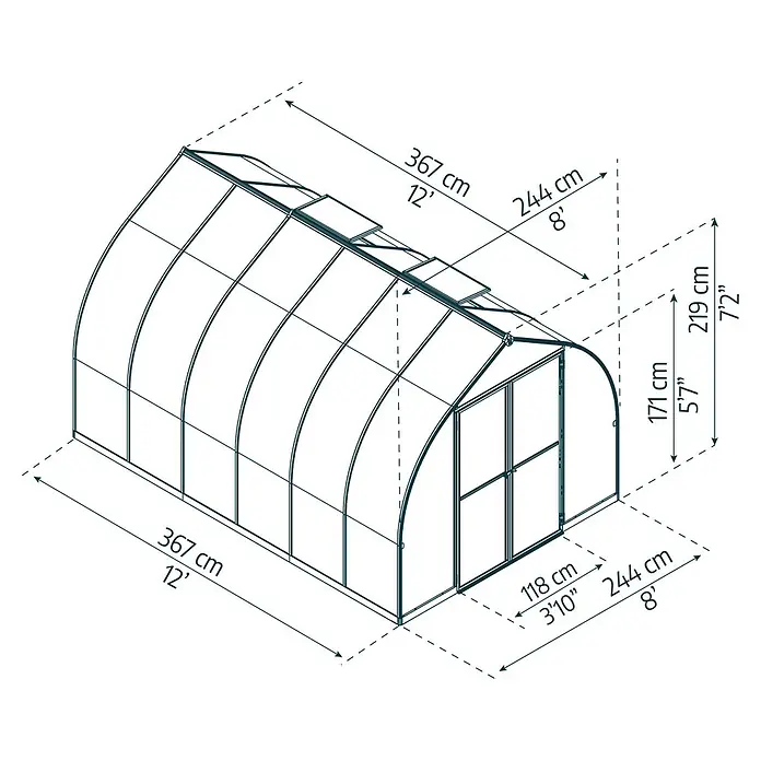 Palram – Canopia Invernadero Bella - Medidas ext. (An x Pr): 244 x 367 cm, 6 mm, Plateado - Dibujo técnico de un invernadero con dimensiones en centímetros y pies para la construcción o la planificación.