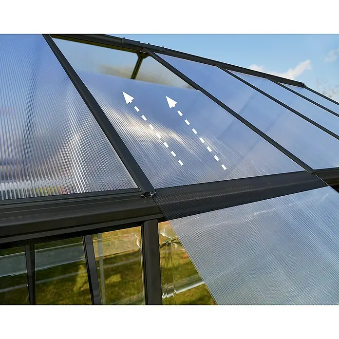 Palram – Canopia Invernadero Hybrid - Medidas ext. (An x Pr): 185 x 126 cm, 0,7 mm, Antracita - Esta imagen muestra un techo de invernadero con paneles de policarbonato y flechas que indican el flujo de aire, enmarcado por soporte negro.