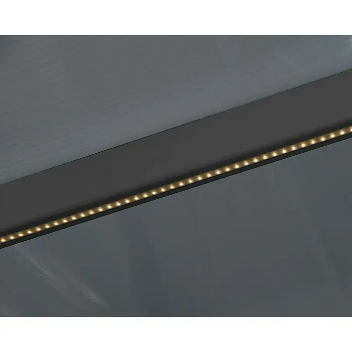 Terrassenüberdachung Tuscany LED - B x T: 307 x 300 cm, Anthrazitgrau, Polycarbonat, Transparent - Detailaufnahme einer LED-Leiste, die ein sanftes, gelbliches Licht ausstrahlt und eine moderne Atmosphäre erzeugt. Ideal für indirekte Beleuchtung.