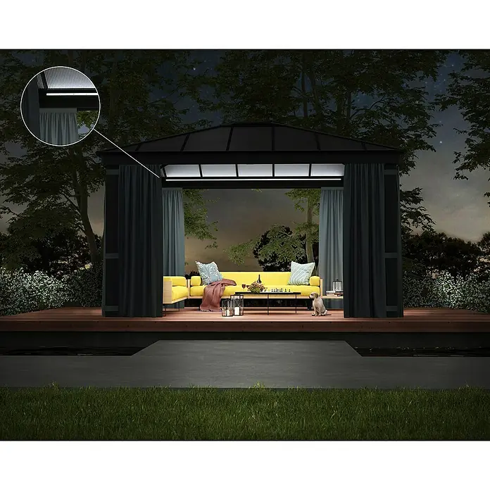 Palram – Canopia LED-Band - 25 W, Neutralweiß, Länge 2,7 m - Das Bild zeigt ein stilvolles Outdoor-Gazebo mit Beleuchtung und Vorhängen, das eine gemütliche Atmosphäre für entspannte Abende schafft.
