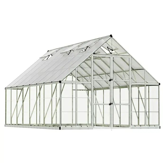 Palram – Canopia Invernadero Balance - Medidas ext. (An x Pr): 304 x 484 cm, 0,7 mm, Plateado - Imagen de un invernadero independiente con paneles transparentes y un marco plateado para el jardín.