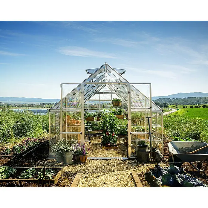 Palram – Canopia Invernadero Balance - Medidas ext. (An x Pr): 304 x 484 cm, 0,7 mm, Plateado - Un invernadero con paredes de vidrio y techo puntiagudo, rodeado de exuberante vegetación y huertos, con herramientas de jardín y una carretilla.