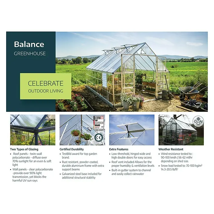 Palram – Canopia Invernadero Balance - Medidas ext. (An x Pr): 304 x 964 cm, 0,7 mm, Plateado - El invernadero Balance facilita la jardinería con puertas dobles, ventilación en el techo y vidrio de policarbonato duradero.