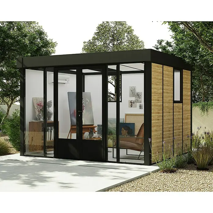 Palram – Canopia Caseta de jardín Copenhaguen - Medidas ext. (An x Pr): 351 x 287 cm, Plástico, Negro - Una moderna casa de jardín con fachada de vidrio y paneles de madera ofrece mucho espacio para proyectos creativos. Mucha luz natural en el interior.
