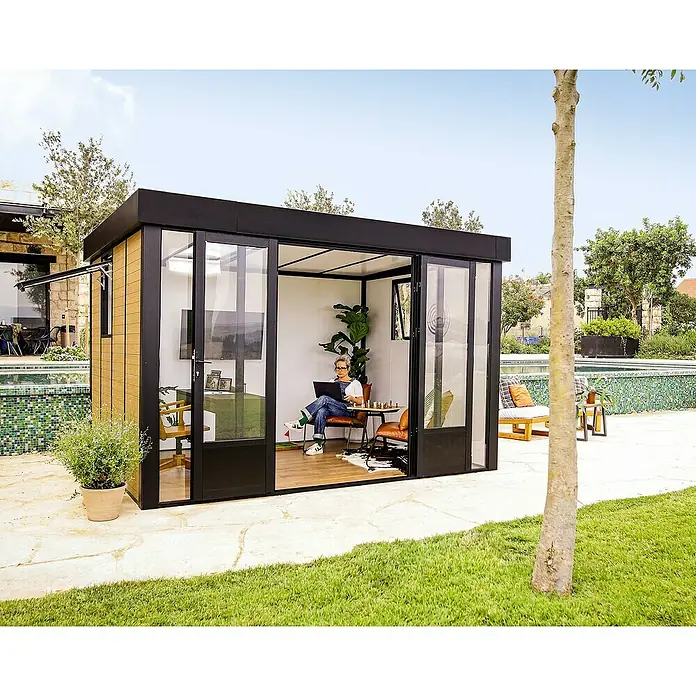 Palram – Canopia Caseta de jardín Copenhaguen - Medidas ext. (An x Pr): 351 x 287 cm, Plástico, Negro - Oficina de jardín moderna con fachada de vidrio y marco negro, ideal para trabajar al aire libre.