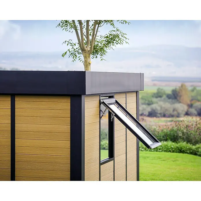 Palram – Canopia Caseta de jardín Copenhaguen - Medidas ext. (An x Pr): 351 x 287 cm, Plástico, Negro - Esta es una moderna casa de jardín con una ventana abatible que está abierta, proporcionando una vista de la vegetación. Ideal para la relajación al aire libre.