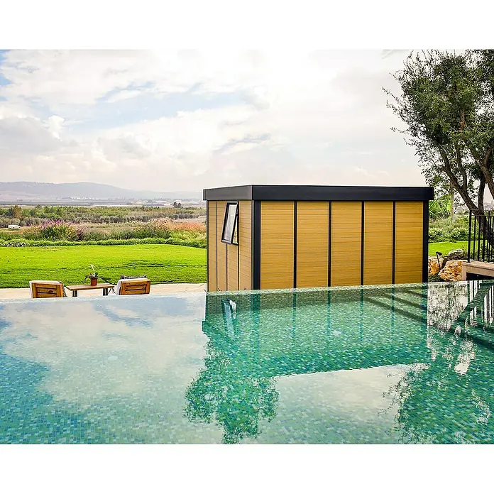 Palram – Canopia Caseta de jardín Copenhaguen - Medidas ext. (An x Pr): 351 x 287 cm, Plástico, Negro - Esta imagen muestra una moderna casa de jardín con piscina, perfecta para integrarse en cualquier entorno exterior. Ideal como casa de piscina o habitación.