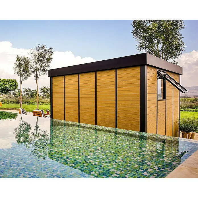 Palram – Canopia Caseta de jardín Copenhaguen - Medidas ext. (An x Pr): 351 x 287 cm, Plástico, Negro - Caseta de piscina moderna con revestimiento de madera elegante y ventana abatible práctica, ideal para espacios exteriores contemporáneos.