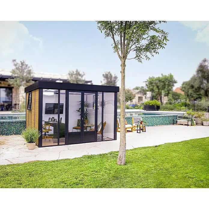 Palram – Canopia Caseta de jardín Copenhaguen - Medidas ext. (An x Pr): 351 x 287 cm, Plástico, Negro - Oficina moderna en el jardín con fachada de vidrio y marco negro, ideal para trabajar al aire libre.