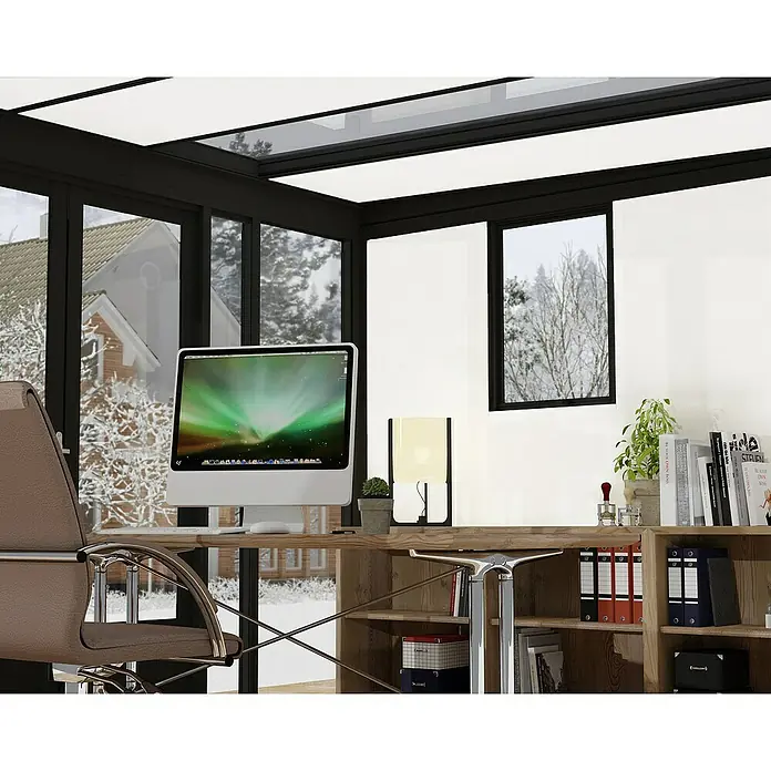 Palram – Canopia Caseta de jardín Copenhaguen - Medidas ext. (An x Pr): 351 x 287 cm, Plástico, Negro - Primer plano de un espacio de trabajo moderno con un ordenador iMac sobre un escritorio de madera con una estantería y material de oficina.