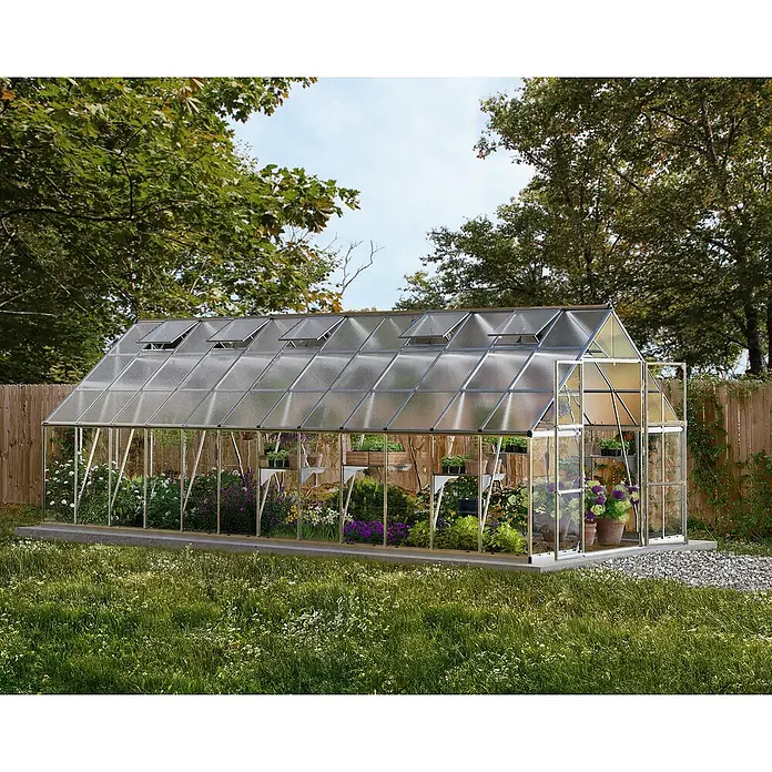 Palram – Canopia Invernadero Balance - Medidas ext. (An x Pr): 304 x 724 cm, 0,7 mm, Plateado - La imagen muestra un invernadero lleno de plantas, situado en un jardín con árboles y una valla de madera.