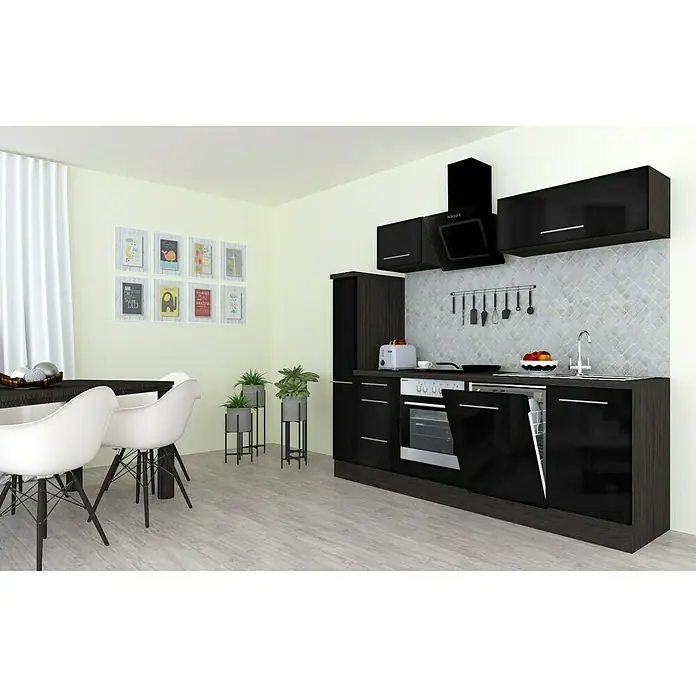 Respekta Premium Küchenzeile RP250ESCBO - Breite: 250 cm, Schwarz, Mit Elektrogeräten - Modernes Küchendesign mit schwarzen Schränken, einer Dunstabzugshaube und einem hellen Essbereich mit weißen Stühlen.
