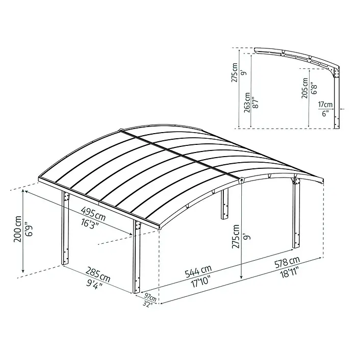 Palram – Canopia Carport Arizona Wave - Medidas ext. (An x Pr): 578 x 495 cm, Carport doble, Antracita - Un dibujo en perspectiva de una cochera con medidas en cm y pies.