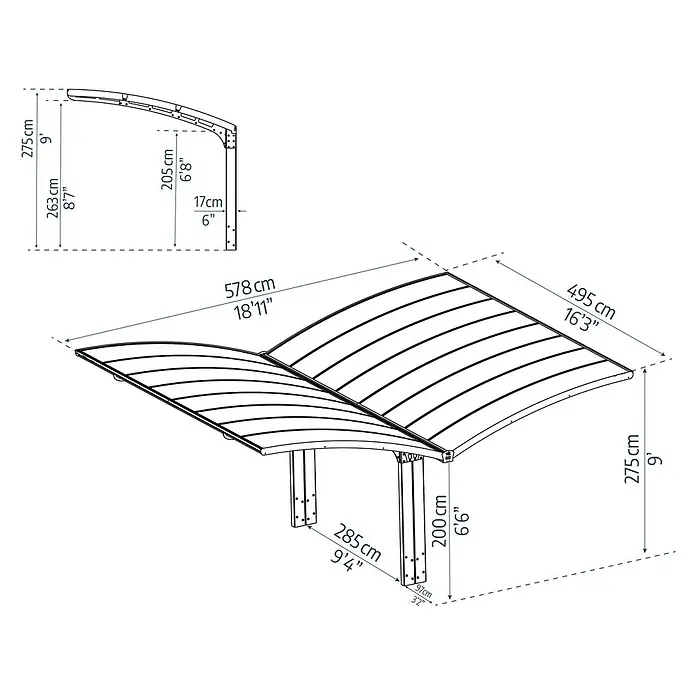Palram – Canopia Carport Arizona Wave - Medidas ext. (An x Pr): 578 x 495 cm, Carport doble, Antracita - La imagen muestra medidas y dimensiones detalladas de una moderna cubierta de patio curva o cochera.