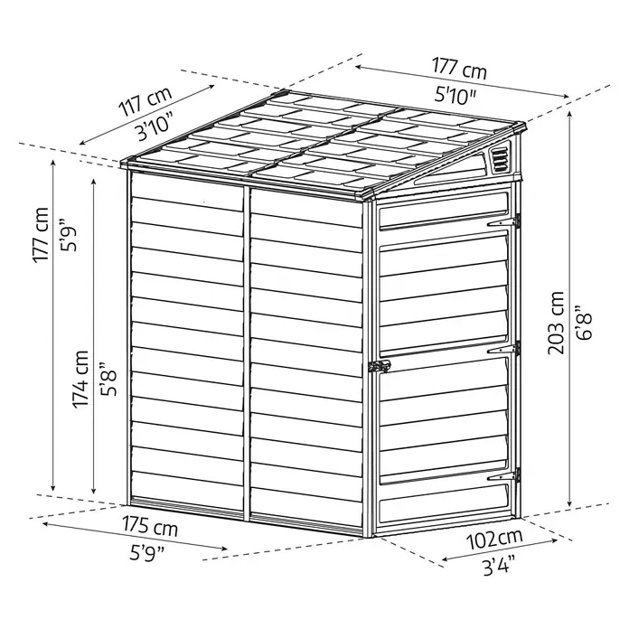 Palram – Canopia Caseta de jardín Skylight - Medidas ext. (An x Pr): 117 x 176 cm, Plástico, Ámbar - Imagen de una caseta de jardín con dimensiones de 174 x 177 x 203 cm, ideal para guardar herramientas de jardinería.