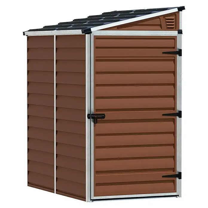 Palram – Canopia Caseta de jardín Skylight - Medidas ext. (An x Pr): 117 x 176 cm, Plástico, Ámbar - Cobertizo de jardín marrón con paneles horizontales y marco plateado. Ideal para guardar herramientas y muebles de jardín.