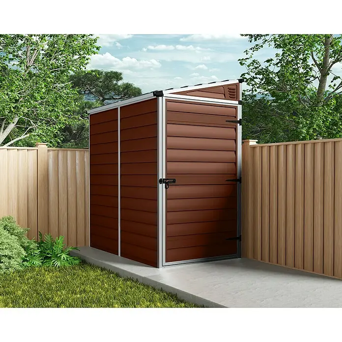 Palram – Canopia Caseta de jardín Skylight - Medidas ext. (An x Pr): 117 x 176 cm, Plástico, Ámbar - Cobertizo de jardín de plástico con techo a dos aguas y paneles marrones. El almacenamiento ideal para herramientas de jardín y muebles de exterior.