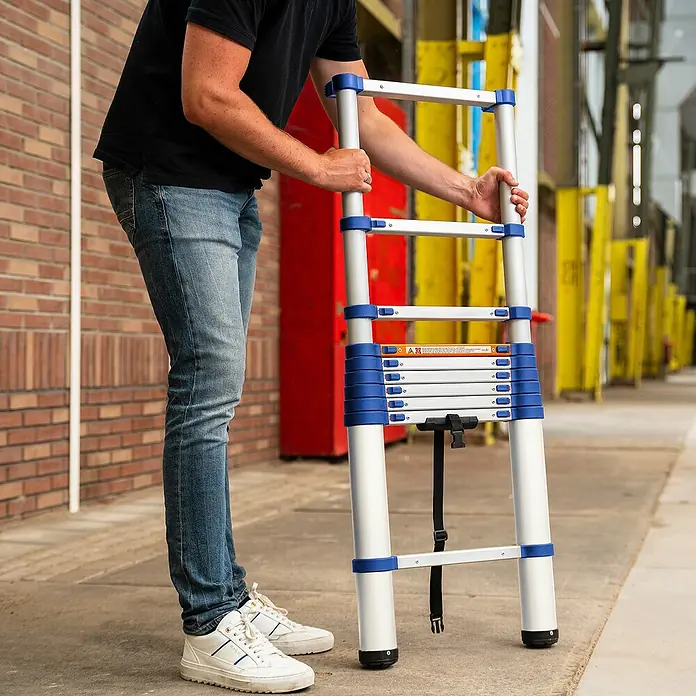 Stabilomat Teleskopleiter - Arbeitshöhe: 3,63 m, Aluminium - Eine Person hält eine zusammenklappbare Aluminium-Teleskopleiter mit blauen Akzenten. Ideal für Heimwerker und professionelle Anwendungen.