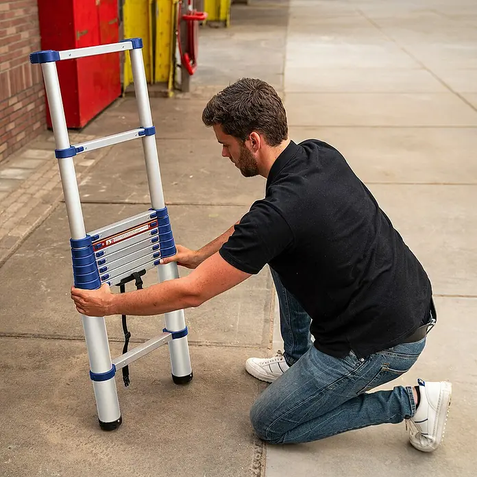 Stabilomat Teleskopleiter - Arbeitshöhe: 3,63 m, Aluminium - Mann hockt auf dem Boden und hält eine kompakte Teleskopleiter, die sich durch ihr blau-silbernes Design auszeichnet.