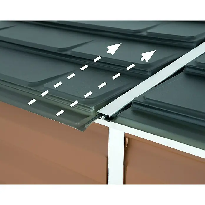 Palram – Canopia Caseta de jardín Skylight - Medidas ext. (An x Pr): 117 x 176 cm, Plástico, Ámbar - Detalle de una caseta de jardín metálica con techo de metal y perfiles de estructura, mostrando su construcción robusta y resistente a la intemperie.