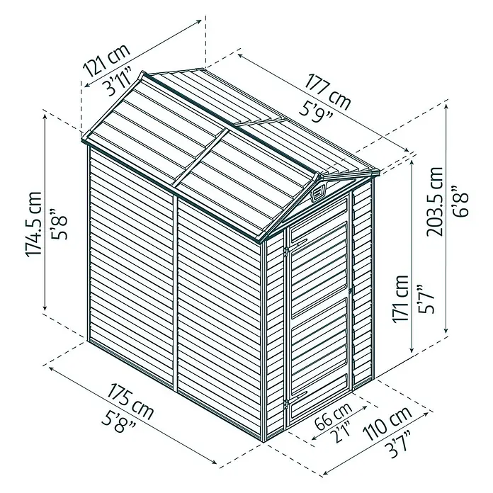 Palram – Canopia Caseta de jardín Skylight - Medidas ext. (An x Pr): 121 x 176 cm, Plástico, Ámbar - Vista dimensional de la caseta de herramientas, que muestra las medidas de ancho, alto y profundidad tanto en centímetros como en pulgadas.