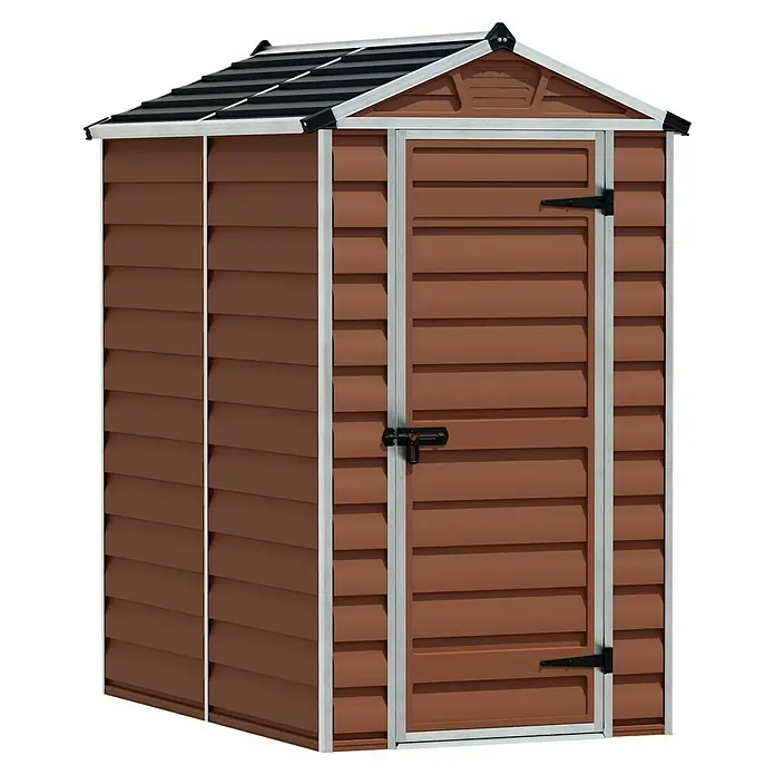 Palram – Canopia Caseta de jardín Skylight - Medidas ext. (An x Pr): 121 x 176 cm, Plástico, Ámbar - Espacioso cobertizo de herramientas marrón con marcos gris plateado y puerta con cerradura para guardar herramientas de jardín y más.