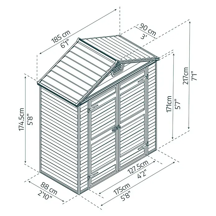 Palram – Canopia Caseta de jardín Skylight - Medidas ext. (An x Pr): 185 x 90 cm, Plástico, Antracita - Una ilustración de una caseta de jardín con varias dimensiones en centímetros y pies, proporcionando medidas detalladas del producto.