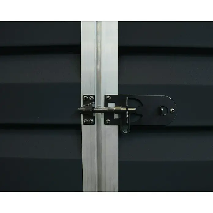 Palram – Canopia Caseta de jardín Skylight - Medidas ext. (An x Pr): 185 x 90 cm, Plástico, Antracita - Primer plano de un cerrojo deslizante negro en una puerta plateada. La seguridad y la protección son garantizadas por el robusto cierre.
